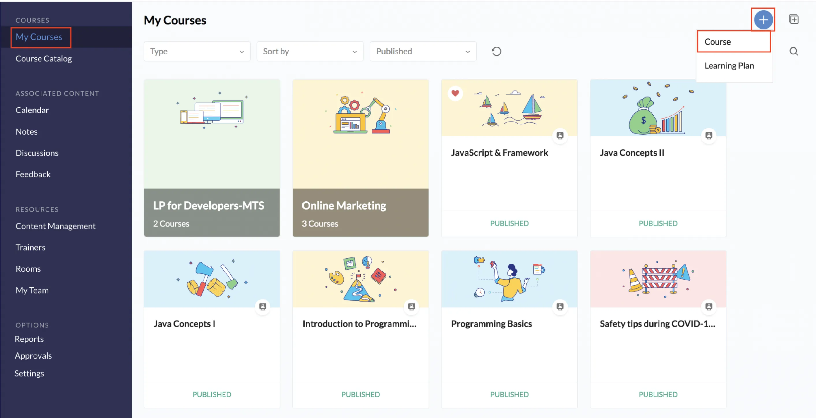 Zoho training management software dashboard